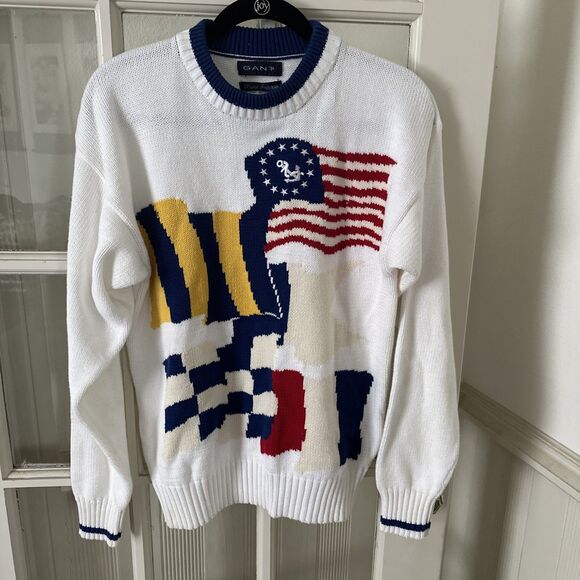 Gant Mens Medium Flag Sweater Hand Intarsia Cotton Nautical - Picture 1 of 11